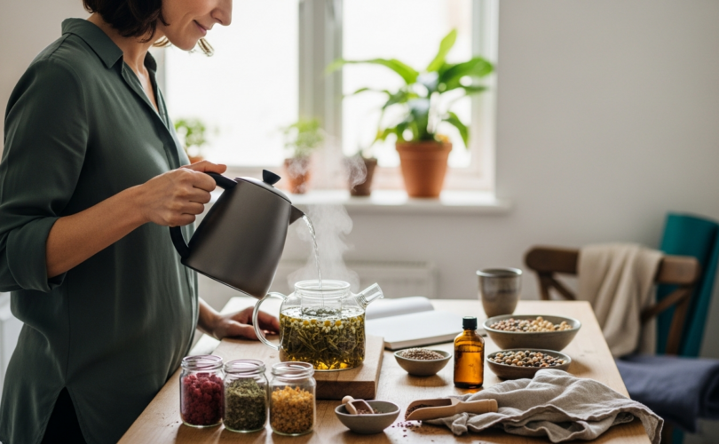 Negyvenes nő gyógynövényteát készít ösztrogénszint csökkenése támogatására.