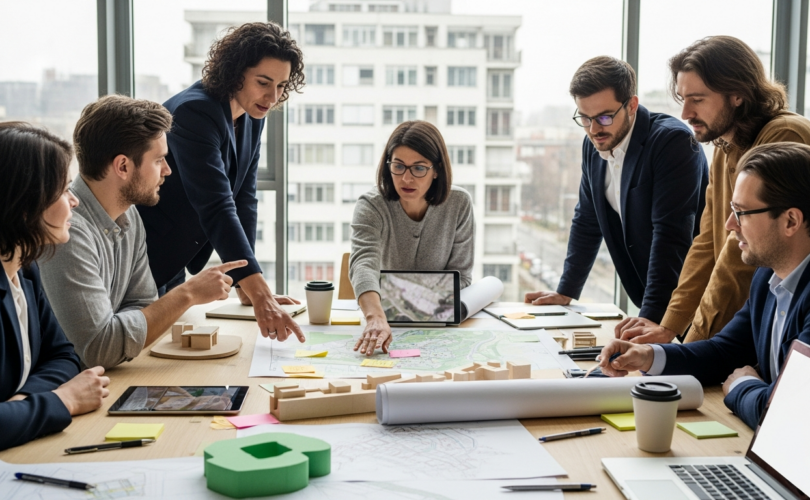 szakmai továbbképzések résztvevői városfejlesztési műhelyben modellekkel az asztalon