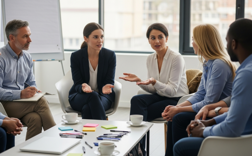 társas és kommunikációs készségfejlesztés: felnőttek csoportos tréningjén nő beszél
