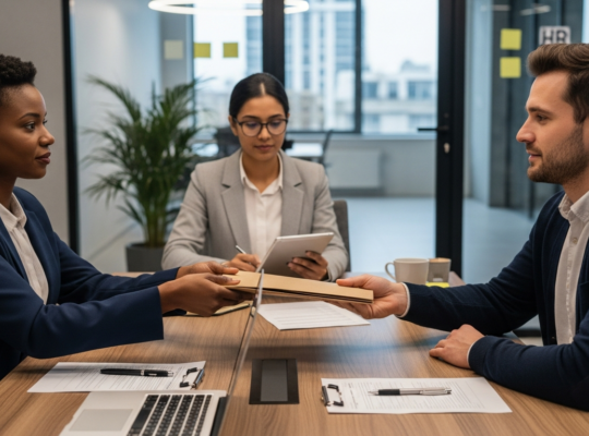 Vezető manila dossziét ad át alkalmazotti figyelmeztetések ügyében