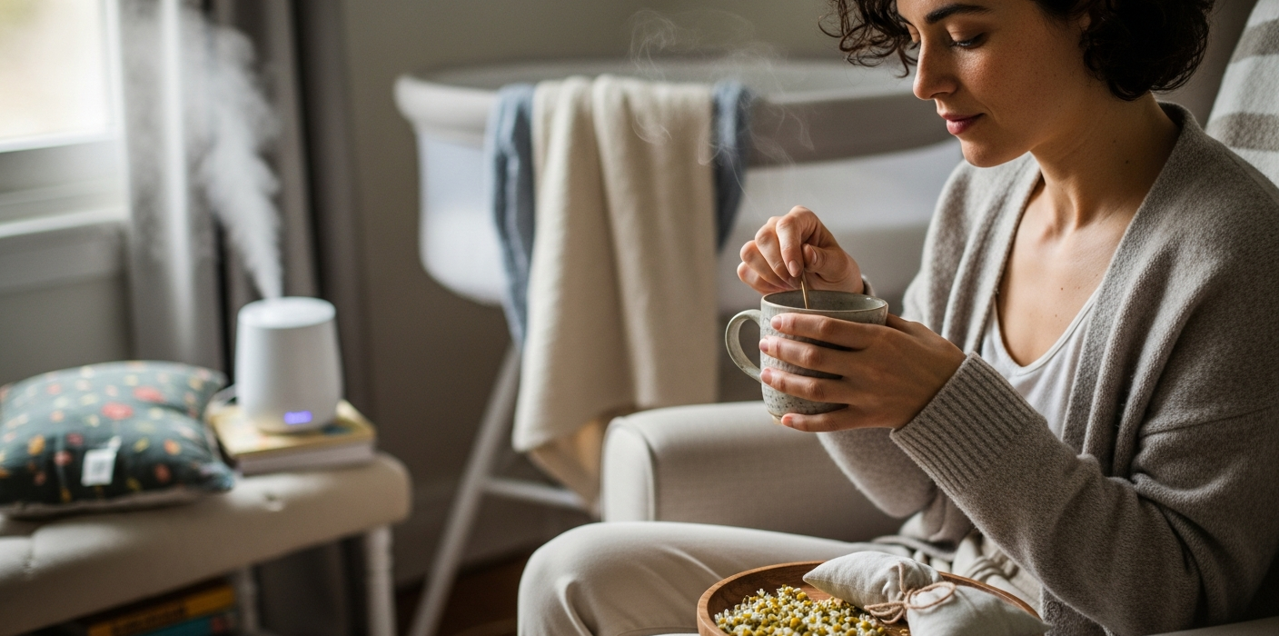 szoptatási időszak: anya szoptatós fotelben kamillateával, levendulapárnával, ultrahangos párásítóval