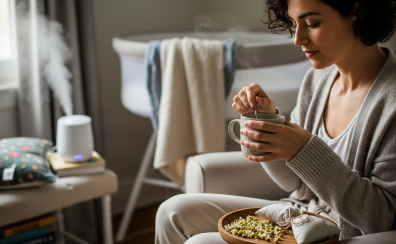 szoptatási időszak: anya szoptatós fotelben kamillateával, levendulapárnával, ultrahangos párásítóval