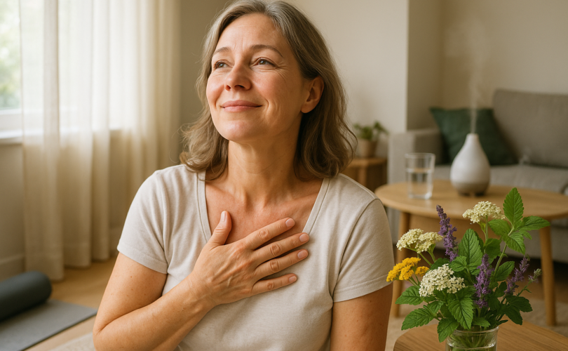 Középkorú nő természetes környezetben, változókori hőhullám megoldása gyógynövényekkel.