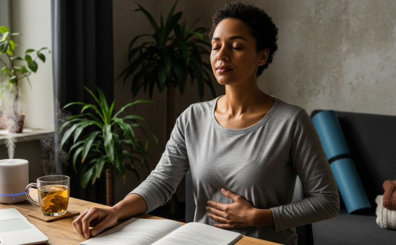 Fiatal nő ül az asztalnál, légzésgyakorlatot végez — relaxációs technikák