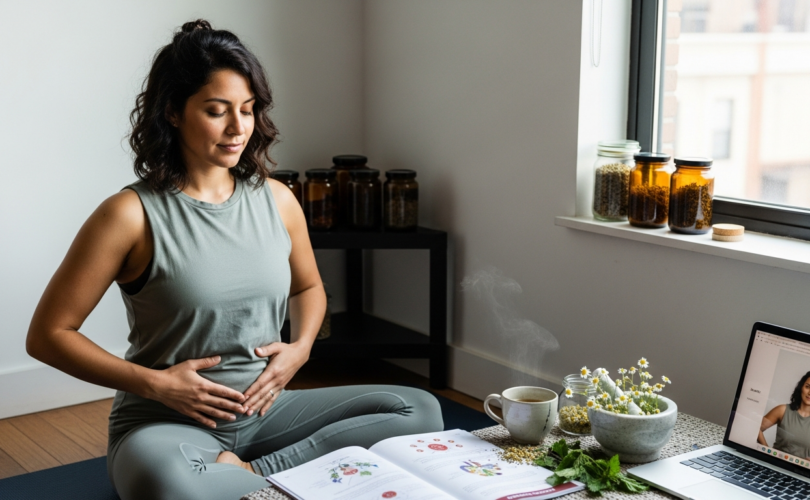 Otthoni Herba‑Yoni jóga gyakorló nő, termékenység támogatása