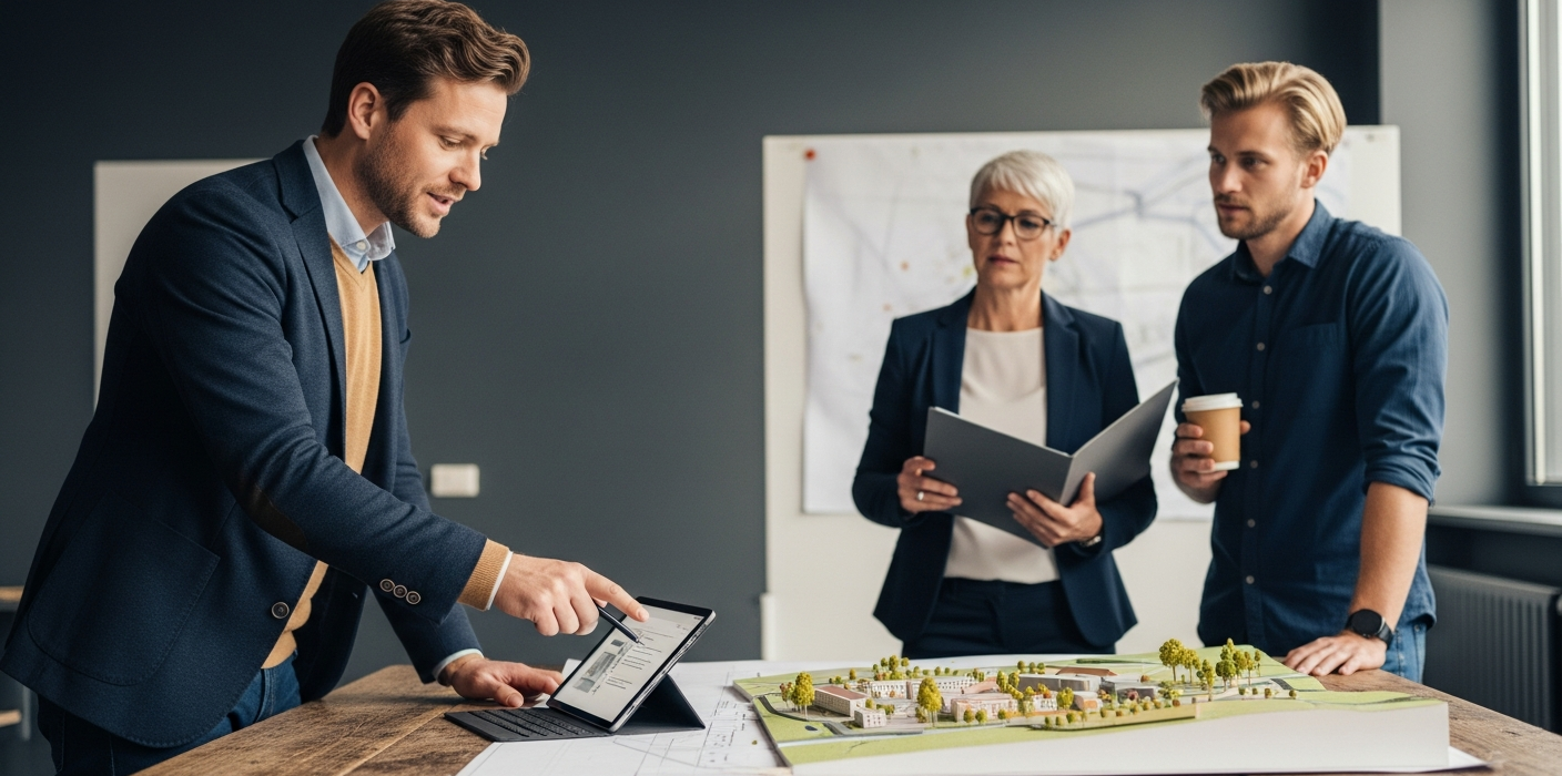 településfejlesztési projektmenedzsment: vezető projektmenedzser mutat helyszínmodellre megbeszélésen