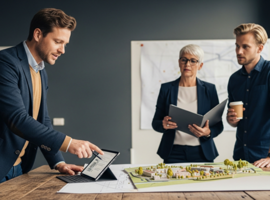 településfejlesztési projektmenedzsment: vezető projektmenedzser mutat helyszínmodellre megbeszélésen
