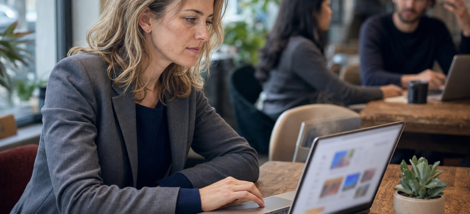 Nő állásportált böngész laptopnál világos közösségi irodában