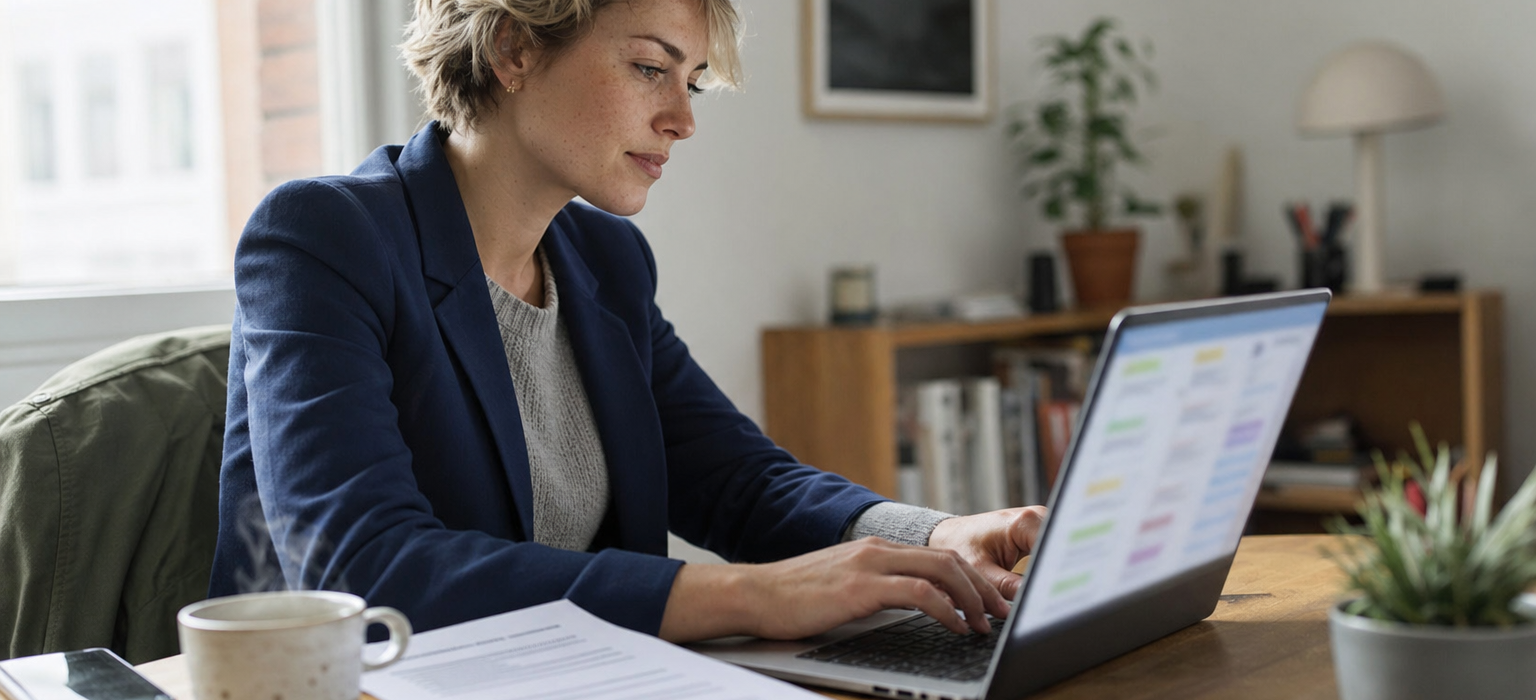 Fiatal nő laptopnál böngészi az online állásportál listáit